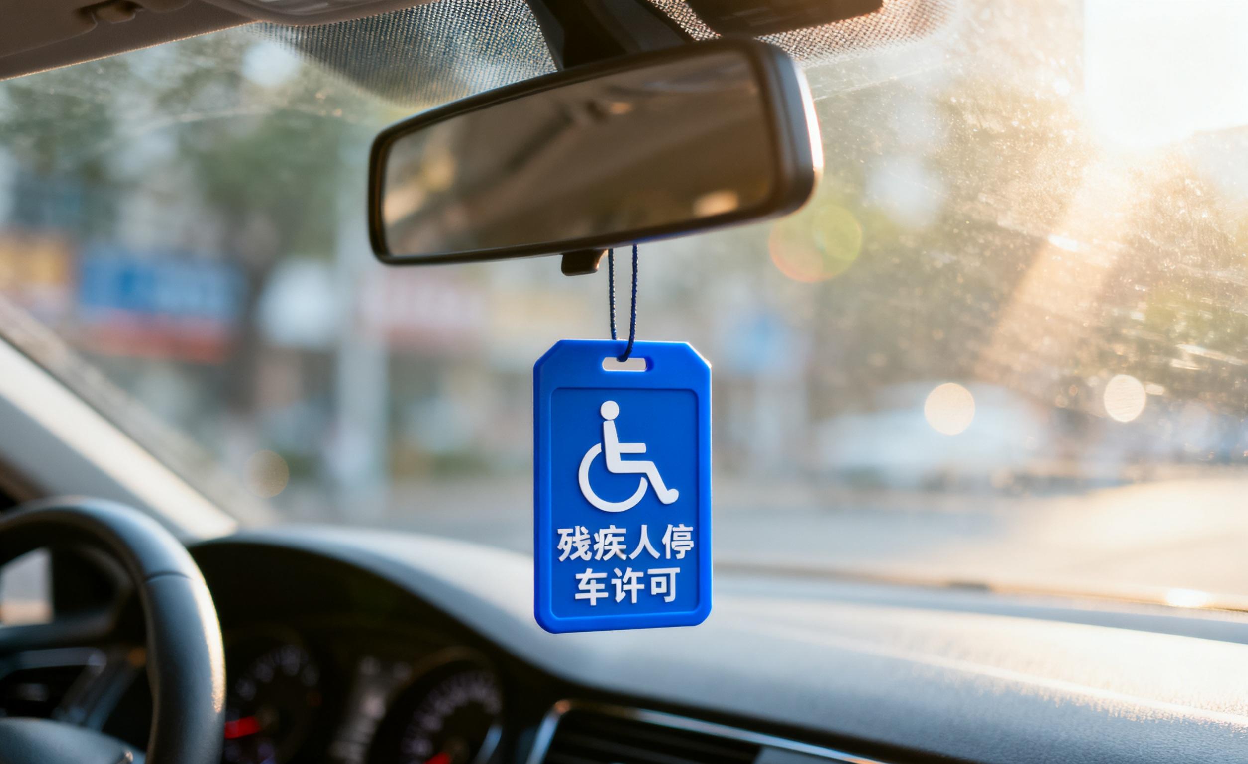 Blue handicap hang tag on rearview mirror